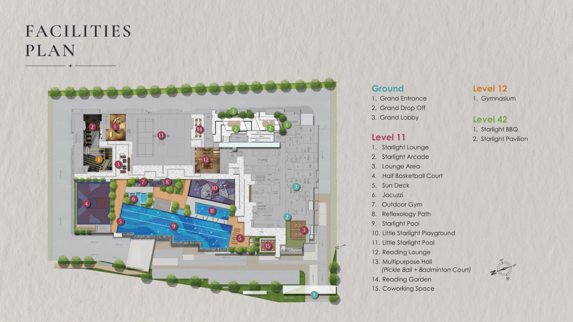 The Celestz facilities plan for the ground floor, Level 11, Level 12 and Level 42