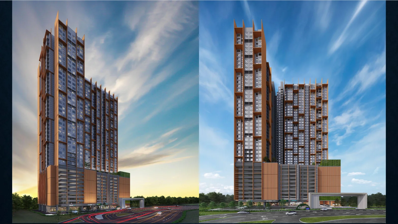 The Asteriaz & The Celestz phase 1 tower by day and at dusk, artist's impression