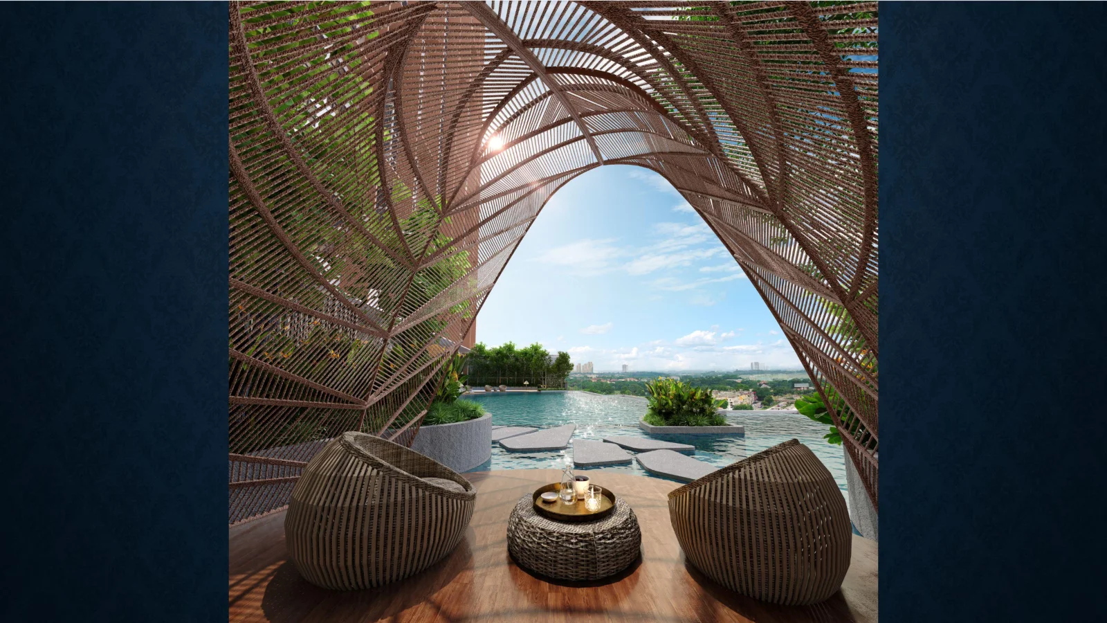 The Asteriaz & The Celestz phase 1 woven arch seating by the pool, artist's impression