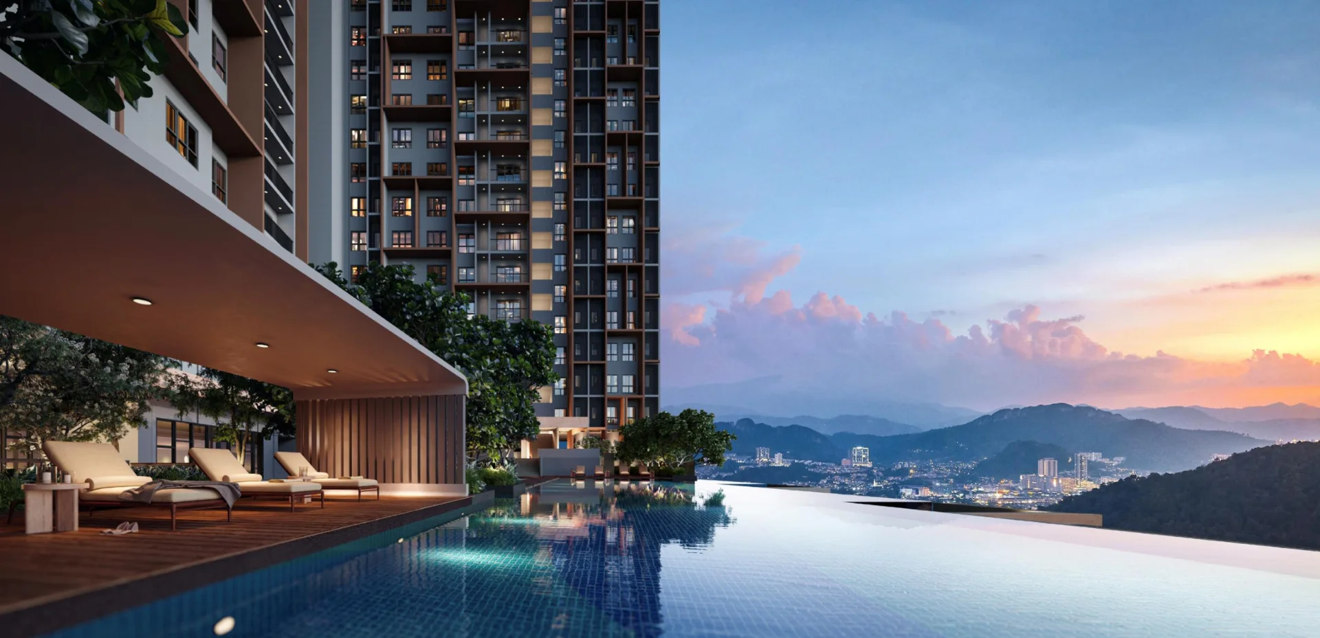 The Celestz Starlight Pool overlooking Johor Bahru at sunset, artist's impression