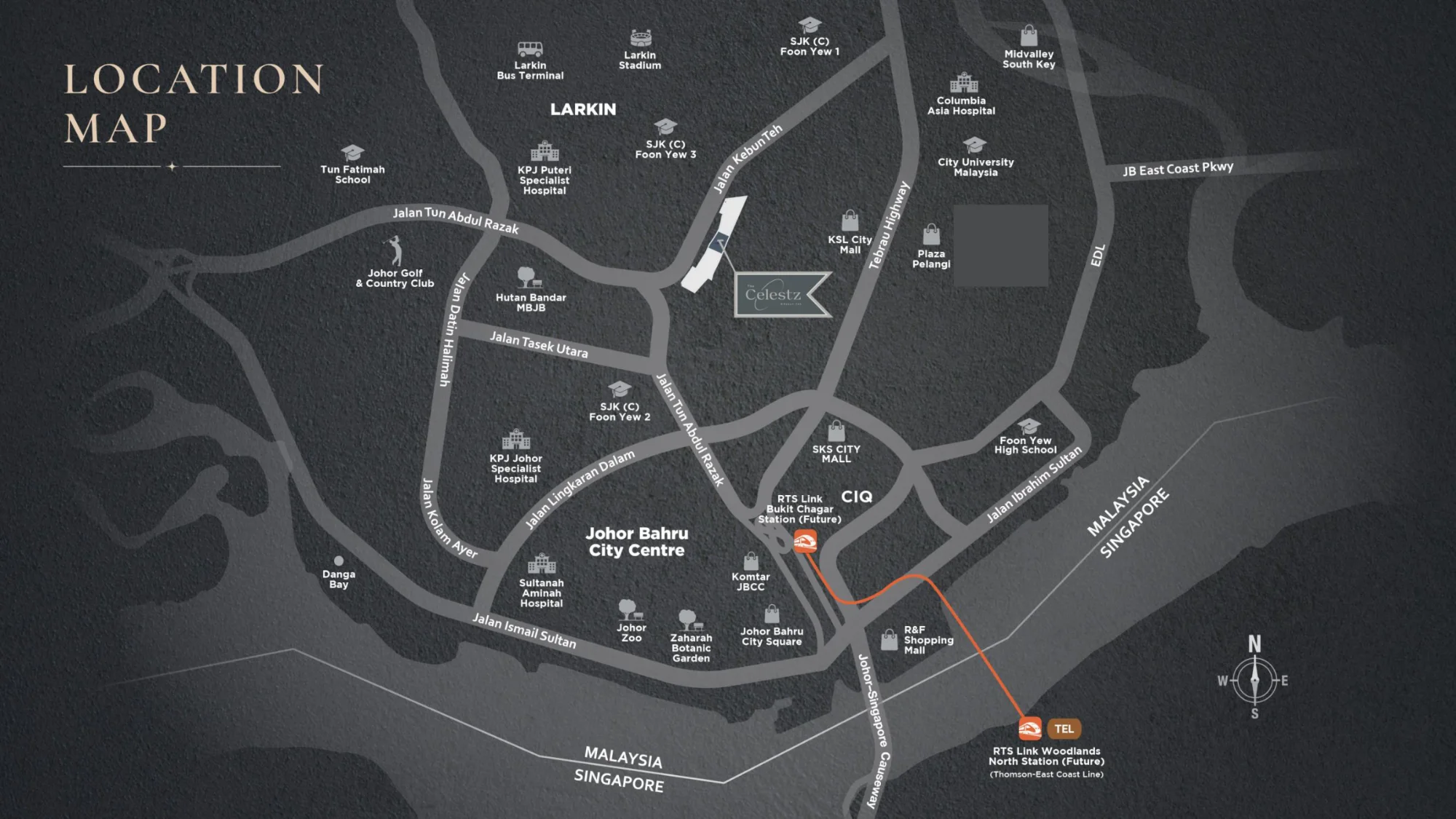 Location map of The Celestz at Kebun Teh, Johor Bahru, with the CIQ, RTS Link, malls, schools and hospitals