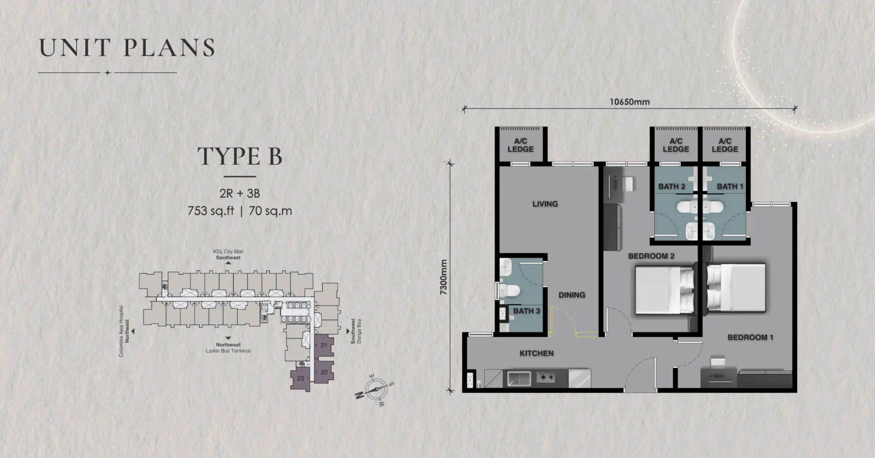 The Asteriaz & The Celestz floor plan Celestz Type B, 753 sq ft, 2 bed, 3 bath