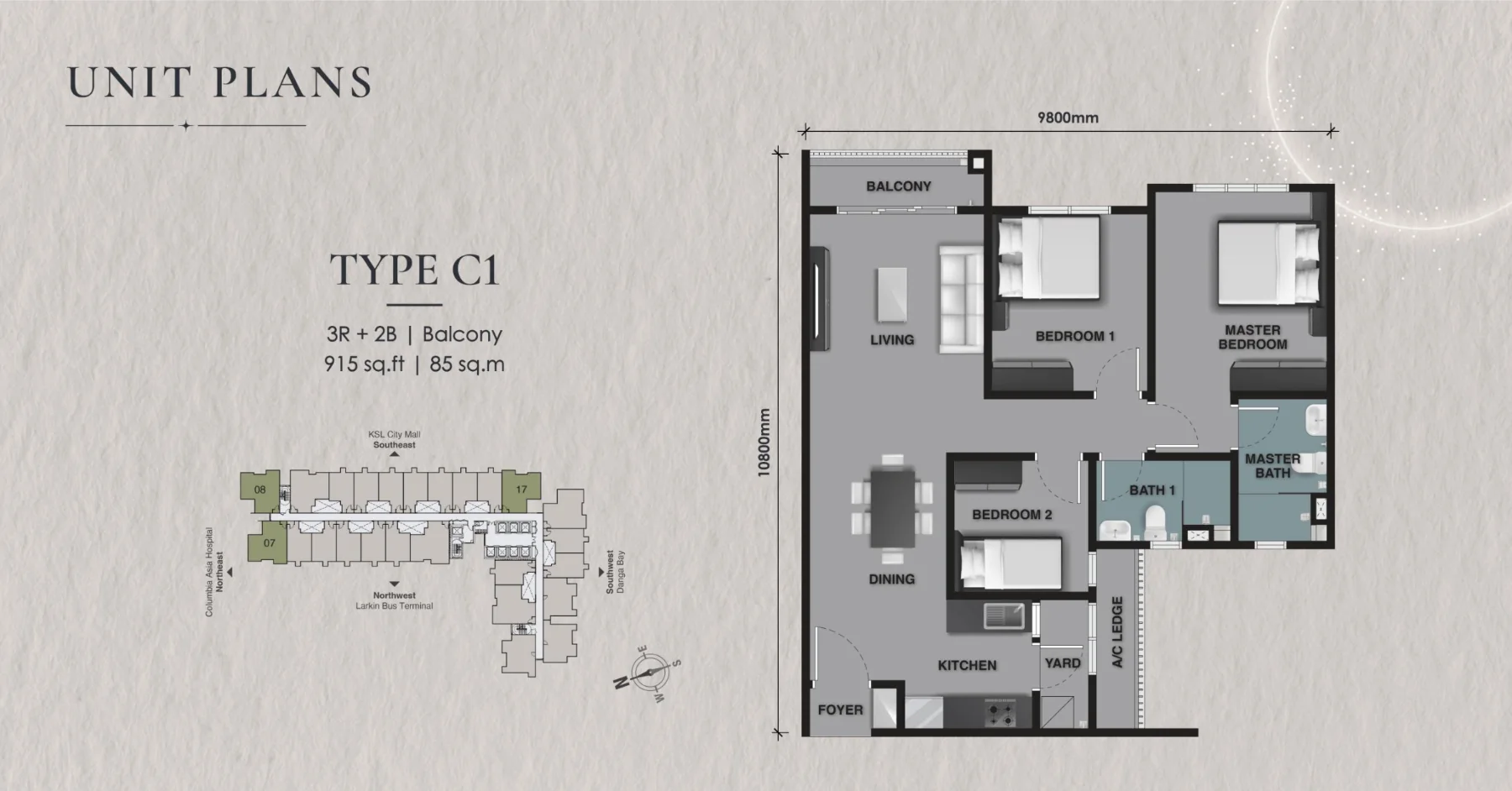 The Asteriaz & The Celestz floor plan Celestz Type C1, 915 sq ft, 3 bed, 2 bath, balcony